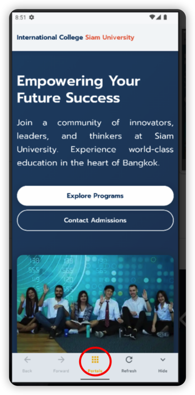 ICOSIAM app home screen — Portals button circled