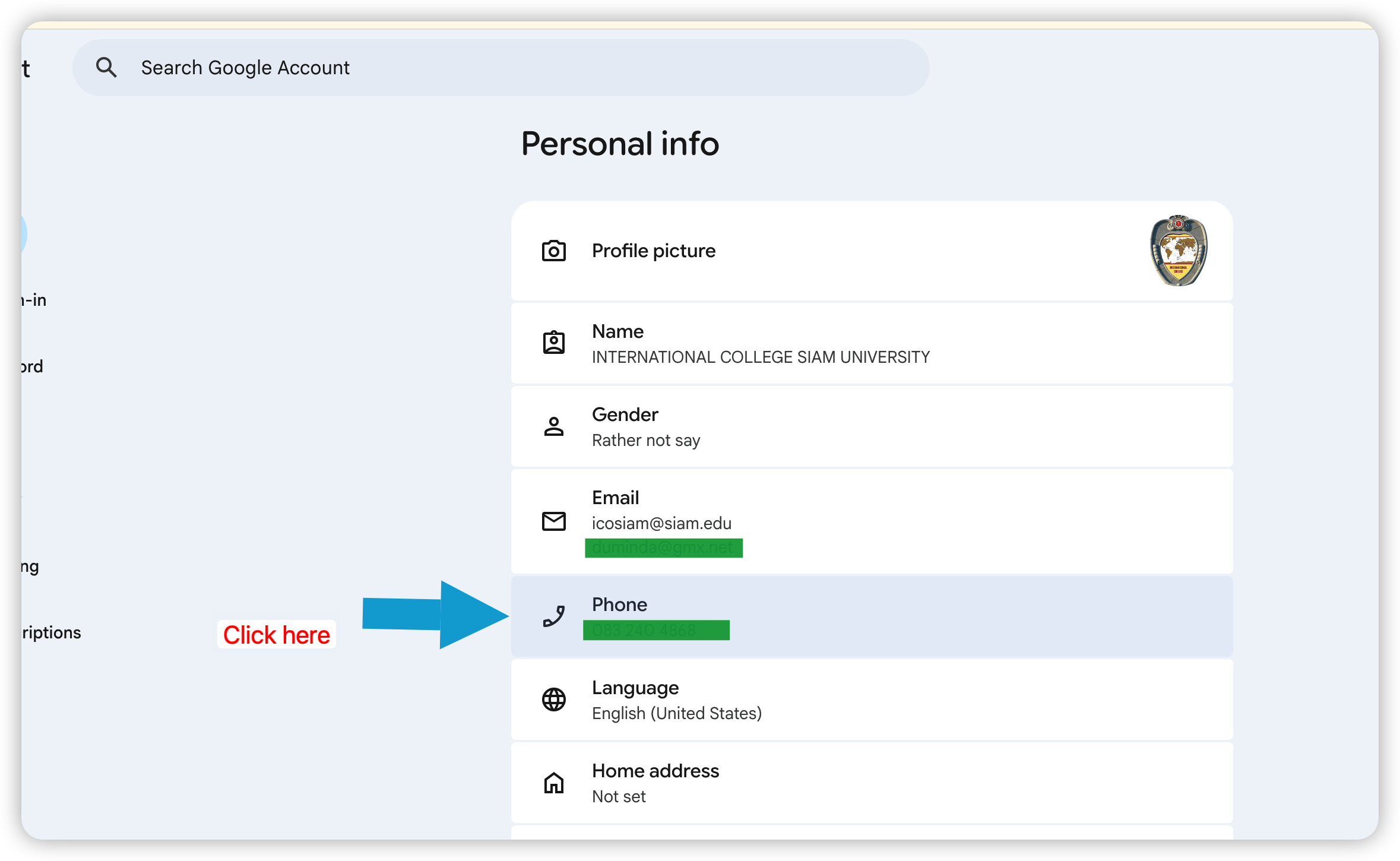 Google Account Personal Info — click Phone