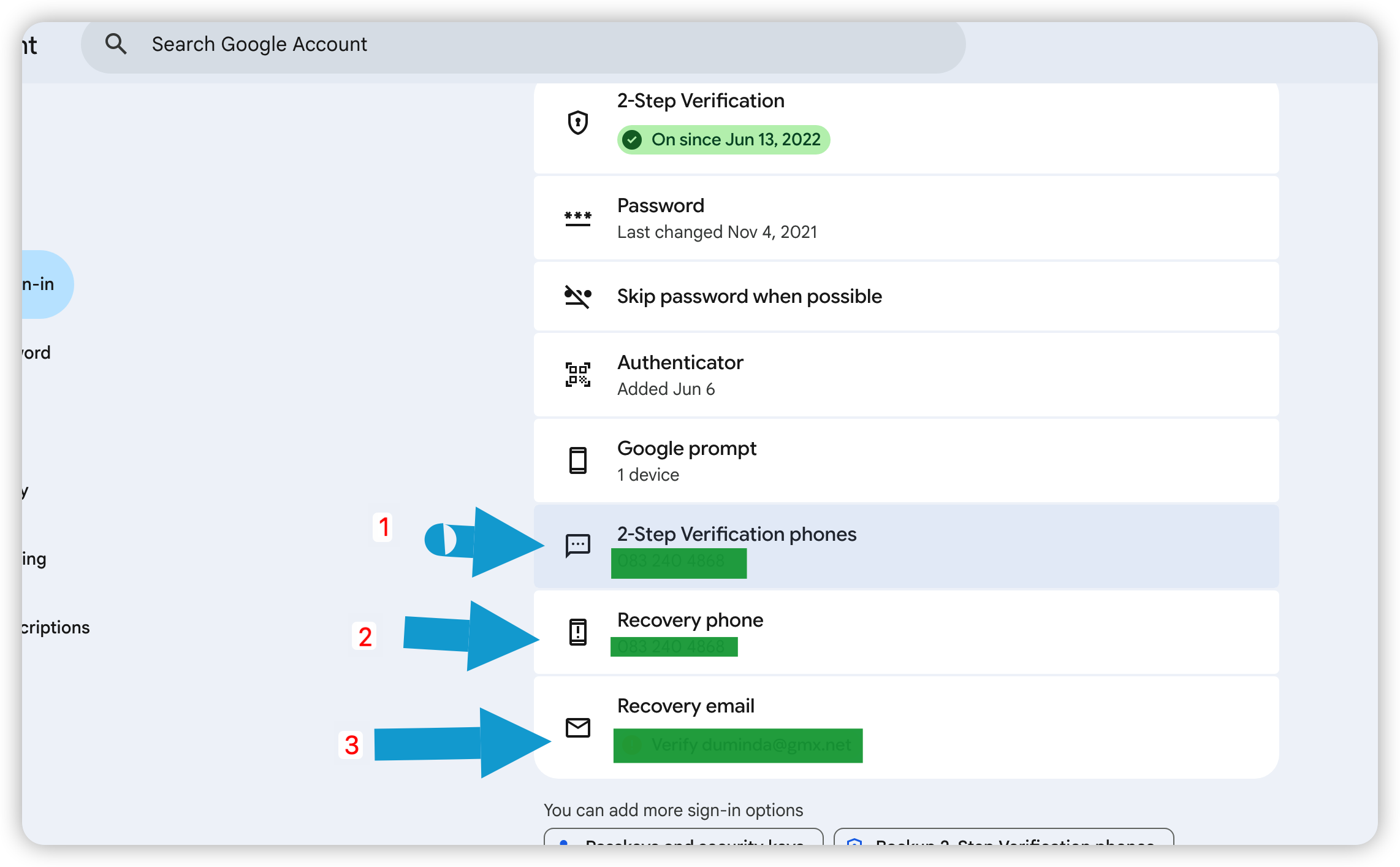 Recovery phone and recovery email settings