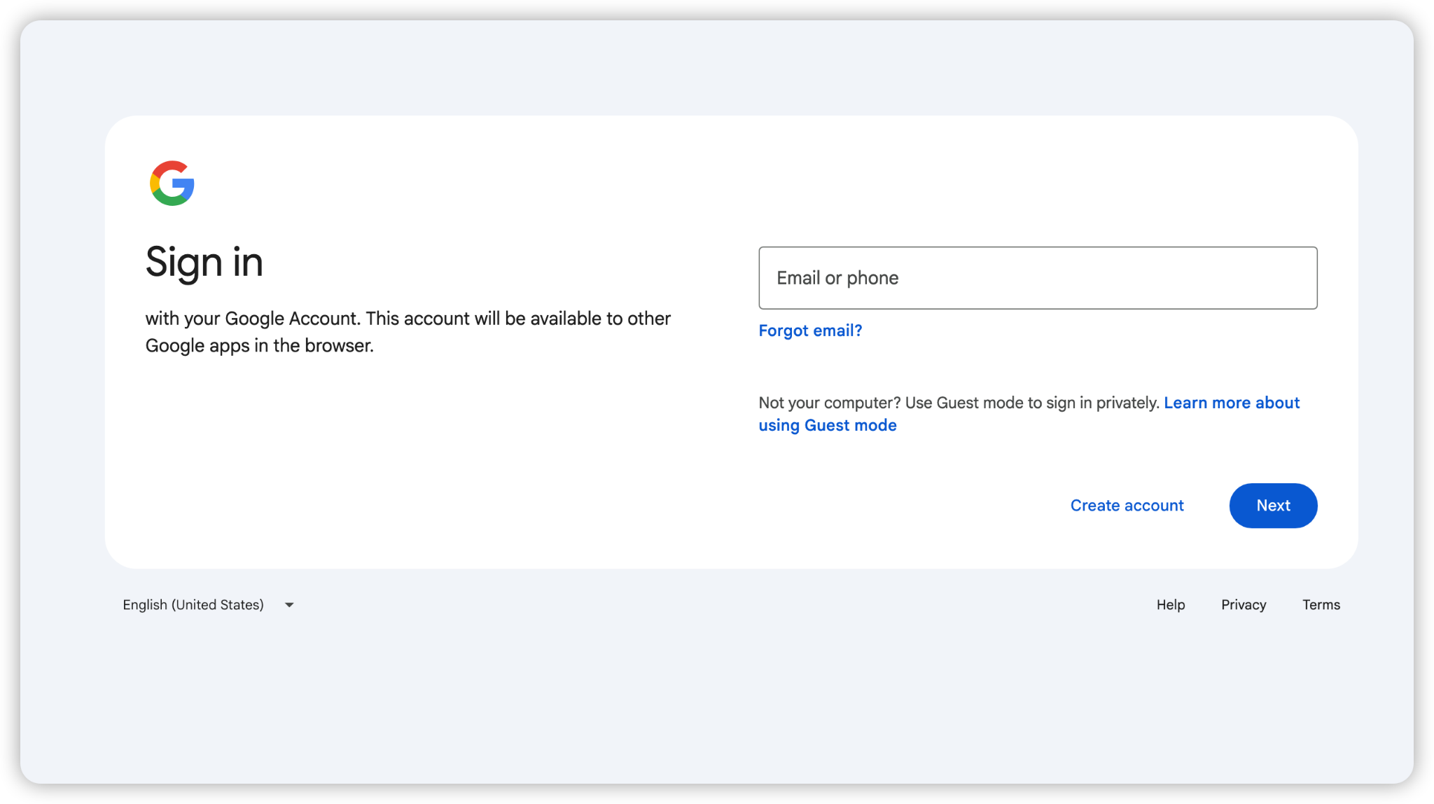 Google sign in page