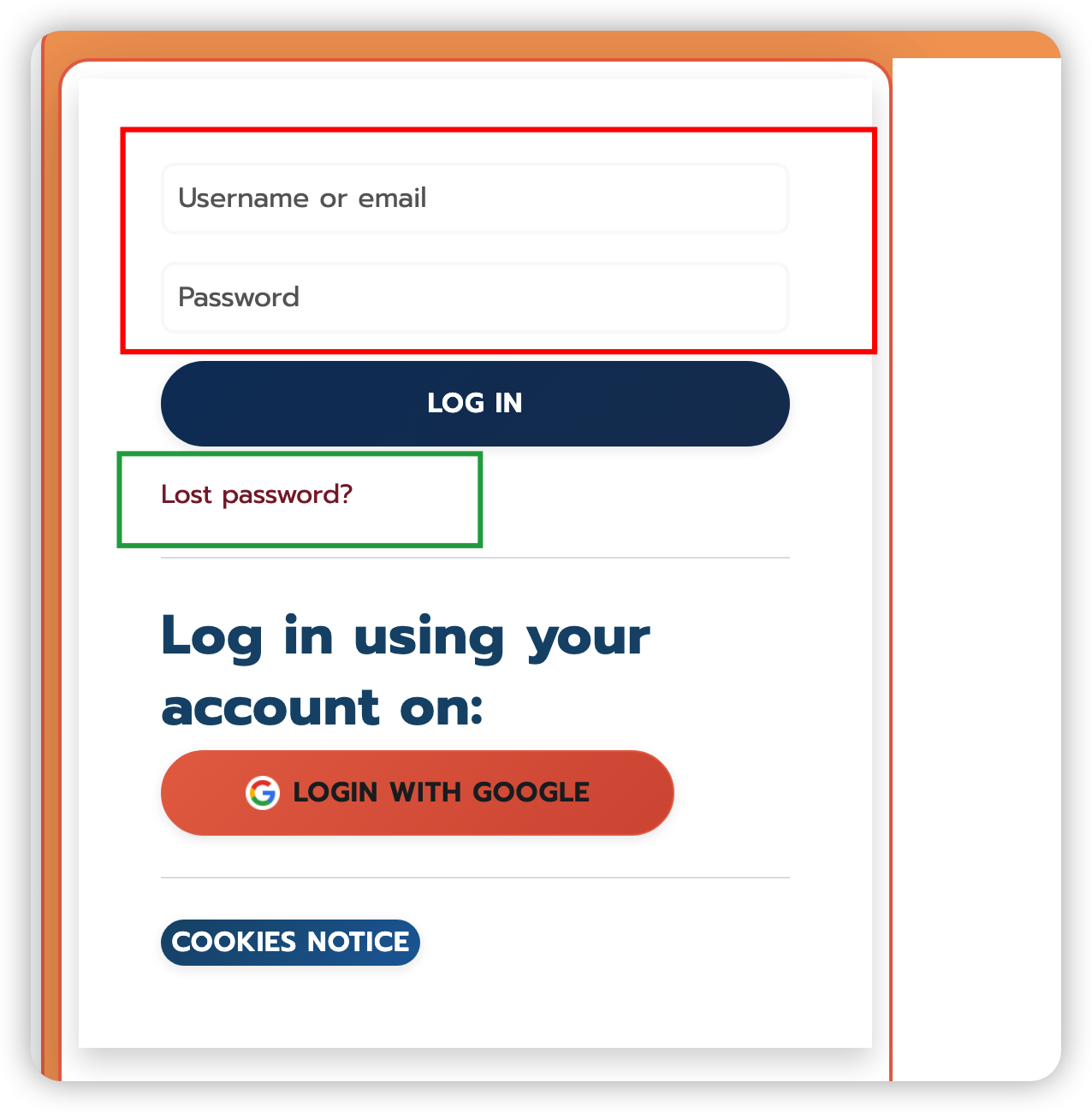 Moodle login form with Lost password link