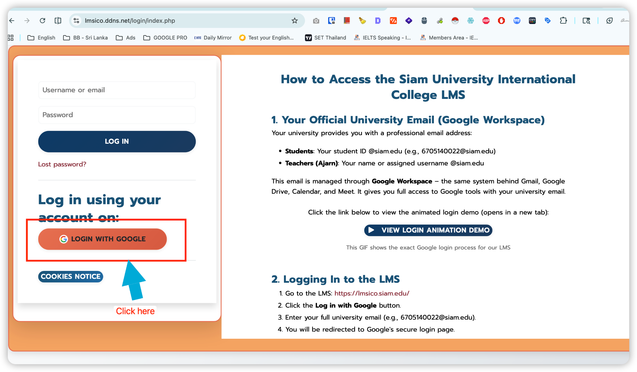 Moodle login page with Login with Google button