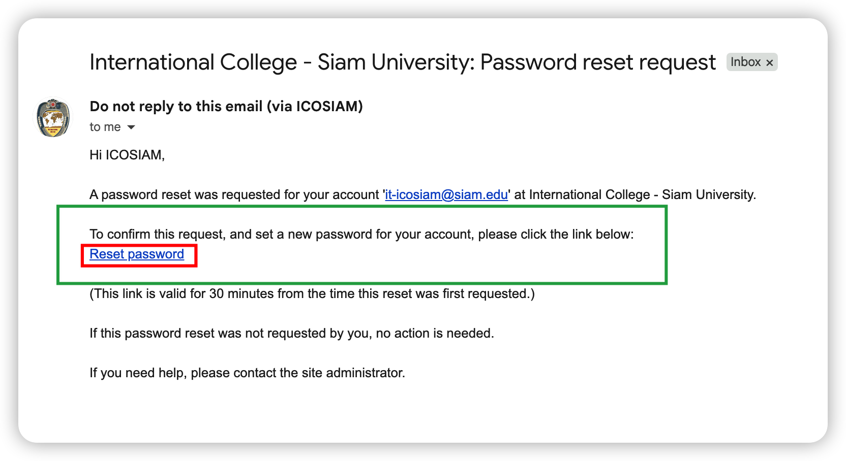 Password reset email from Moodle