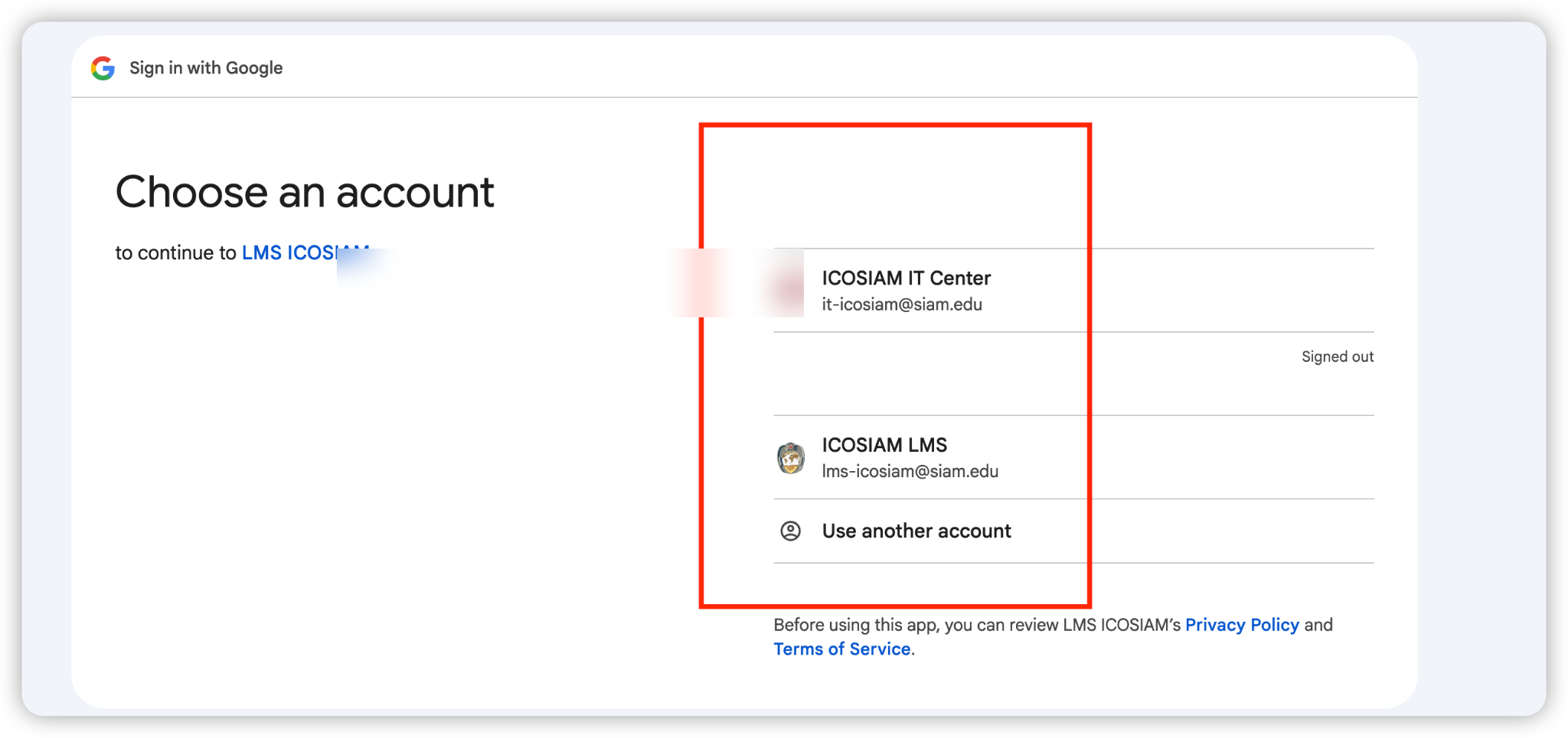 Choose account for Moodle — select your student email